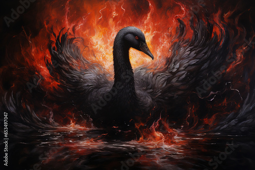 Image of abstract fantasy of black swan spreading its wings, Birds, Wildlife Animals, Illustration, Generative AI.