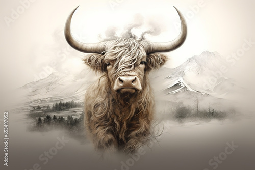 Image of abstract fantasy of highlander cow scotland, Wildlife Animals, Illustration, Generative AI.
