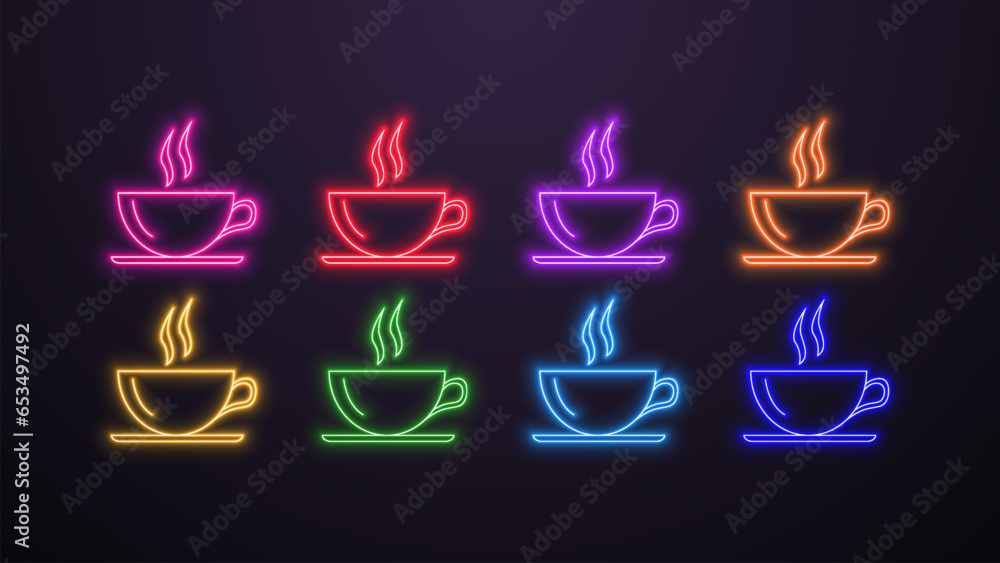 A set of glowing neon icons of tea or coffee cups in the colors blue, green, orange, yellow, red, purple and pink on a dark background. A set of glowing neon icons of tea or coffee cups in the colors blue, green, orange, yellow, red, purple and pink on a dark background.