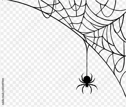 Obraz Halloween party background with spiderwebs and spider isolated png or transparent texture, blank space for text, element template for poster, brochures, online advertising, vector illustration 