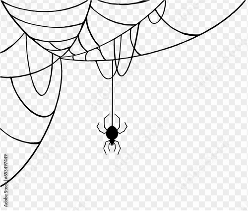 Halloween party background with spiderwebs and spider isolated png or transparent texture, blank space for text, element template for poster, brochures, online advertising, vector illustration 