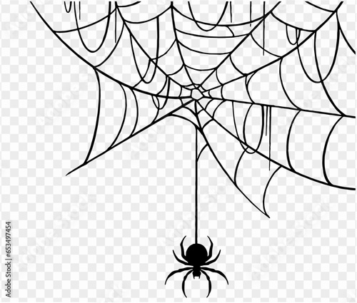 Halloween party background with spiderwebs and spider isolated png or transparent texture, blank space for text, element template for poster, brochures, online advertising, vector illustration 