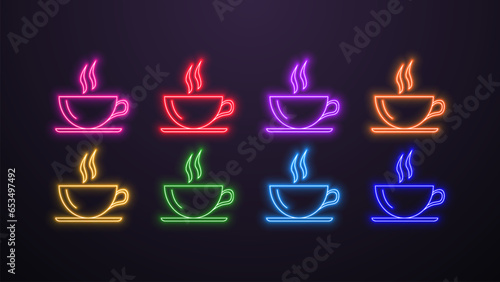 A set of glowing neon icons of tea or coffee cups in the colors blue, green, orange, yellow, red, purple and pink on a dark background.