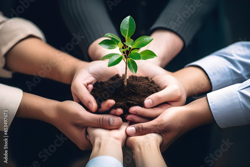  environmental cooperation unity of businesspeople and community together protecting small sprout with hands future environmental conservation and sustainable esg modernization development 