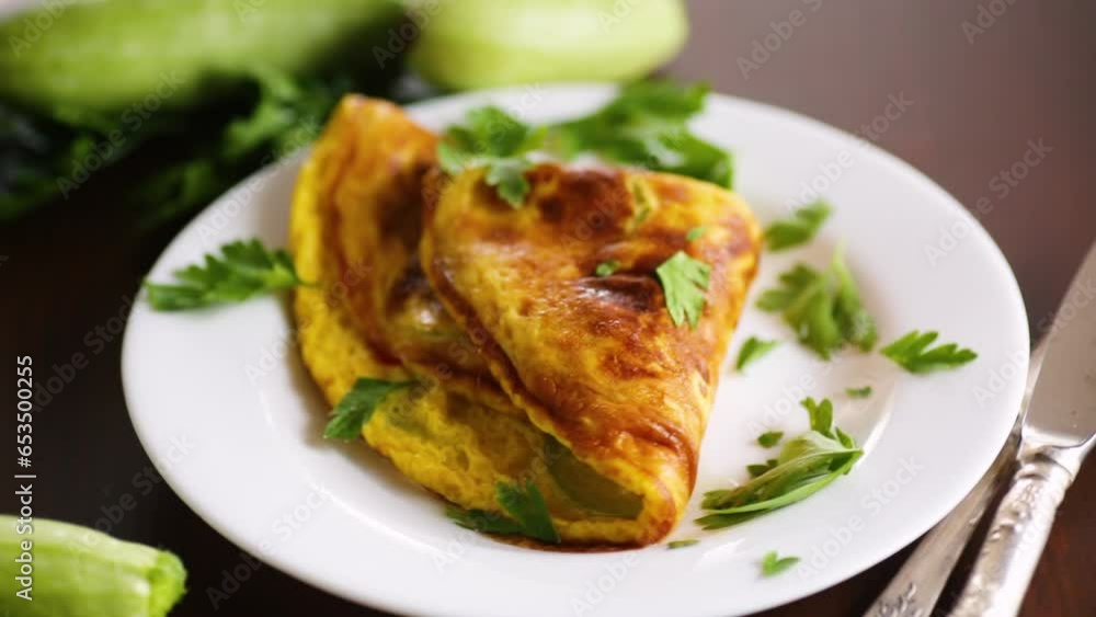 Fried omelet with zucchini, on a wooden table. Fried omelet with zucchini, on a wooden table.