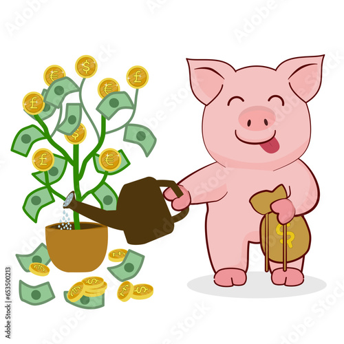 A pig is watering a money tree that grows coins in various currencies with leaves made of paper money, while its other hand holds a money bag, perfect for investment concept