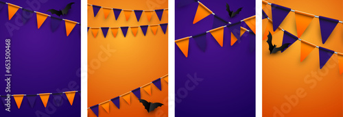 Set of Halloween purple and orange flag garland. Party decoration.