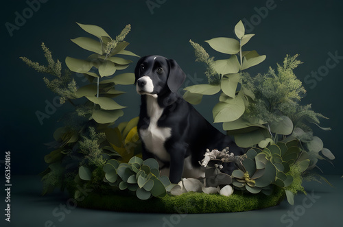 dog in a cricular podium with plants, dark background, paper art style photo