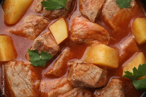 Delicious goulash with parsley as background, closeup
