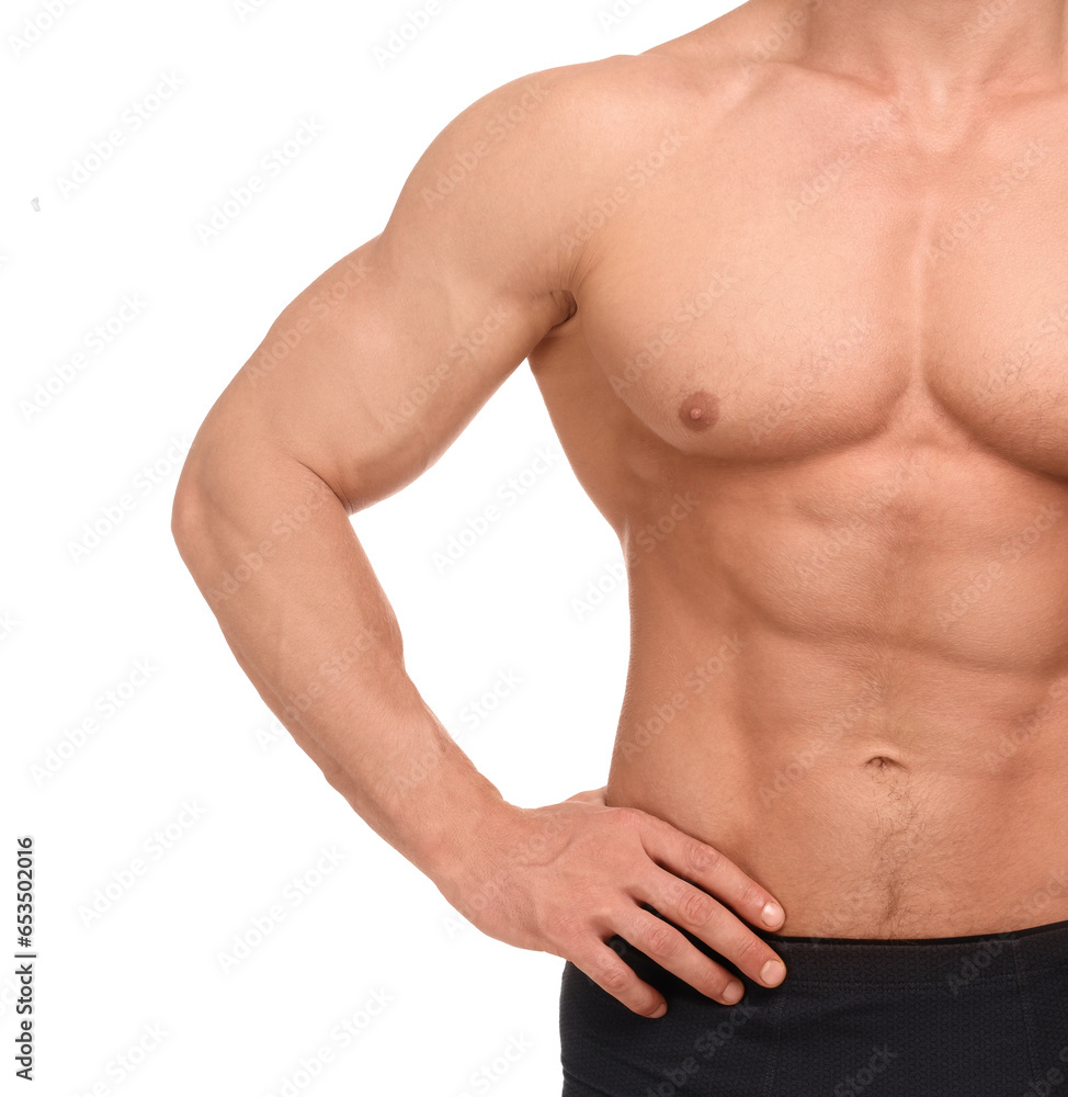 Muscular man showing abs isolated on white, closeup. Sexy body