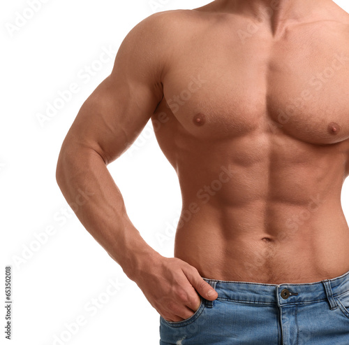 Muscular man showing abs isolated on white, closeup. Sexy body