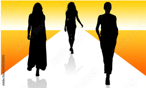 pasrela, silueta, vector, moda, modelos