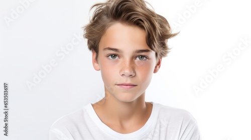 photo portrait of a handsome young caucasian white American model teen boy looking forward. child ad with copy space, cute, kids, children photo