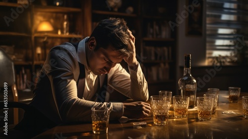 Depressed young man addicted feeling bad drinking whiskey alone at home, stressed frustrated lonely drinking alcohol suffers from problematic liquor, alcoholism, life and family problems. photo