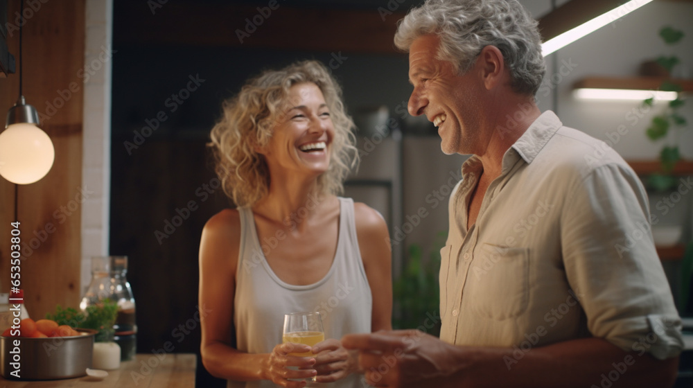 senior couple in kitchen laughing drinking healthy juice