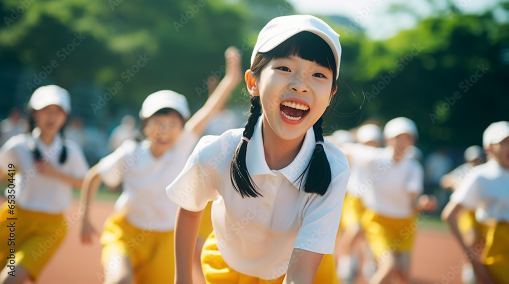 Obraz premium 運動会で楽しそうに走ったり踊る子どもたち