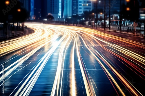 light trails on a city street with a blurred background of buildings and street lights depicts busyness in a big city or mobility. © Sri