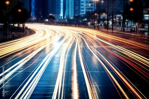 light trails on a city street with a blurred background of buildings and street lights depicts busyness in a big city or mobility.  © Sri