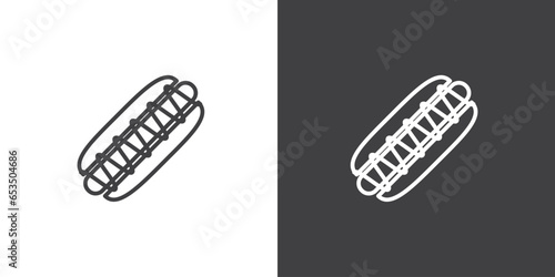 Hot dog line icon. Bun with sausage vector outline sign. Junk food icon, Vector illustration. Logo template. Street food icon. Sausage icon. Butcher shop. Sausage in dough. Linear style of fast food.