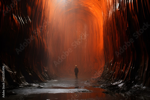 man walking into a cave, abstract liminal space