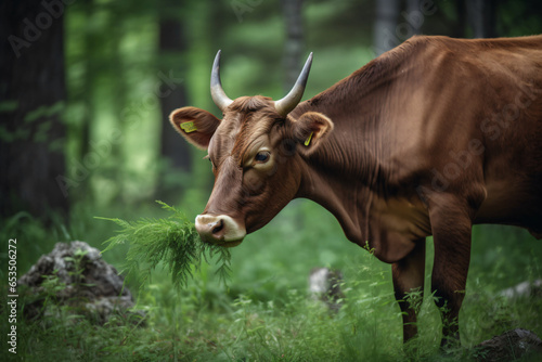 cow in green forest