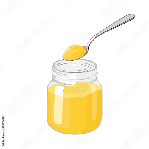 Vector illustration, ghee on a spoon, and in a glass jar, isolated on white background.
