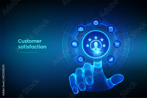 Customer satisfaction. Customer survey and feedback analytics. Using AI and automation technology in marketing for customer service. Wireframe hand touching digital interface. Vector illustration.