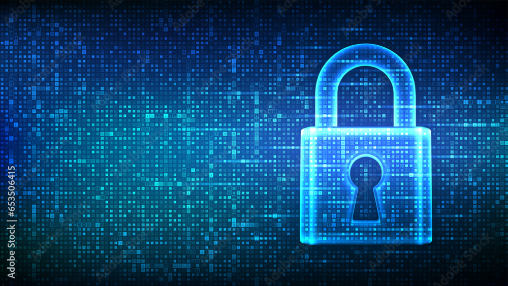 Lock. Cyber security. Padlock with keyhole icon made with binary code. Protect and Security or Safe concept. Information privacy. Digital code matrix background with digits 1.0. Vector Illustration. Lock. Cyber security. Padlock with keyhole icon made with binary code. Protect and Security or Safe concept. Information privacy. Digital code matrix background with digits 1.0. Vector Illustration.