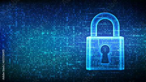Lock. Cyber security. Padlock with keyhole icon made with binary code. Protect and Security or Safe concept. Information privacy. Digital code matrix background with digits 1.0. Vector Illustration.
