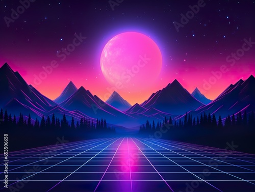 Landscape with mountains, Trendy neon synth wave background with sunset sky, road and mountains, retro abstract background. Retro wave scene | Generative AI photo