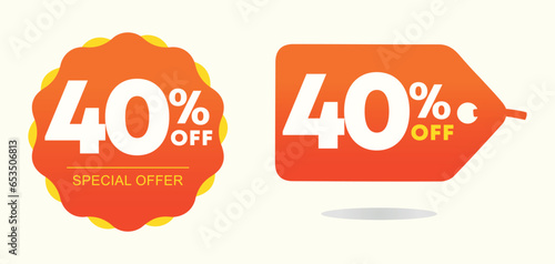 40% off. Tag special offer, sticker. Advertising for sales, promo, discount, shop. Symbol, icon, vector. Poster forty percent off price, value. Red, yellow