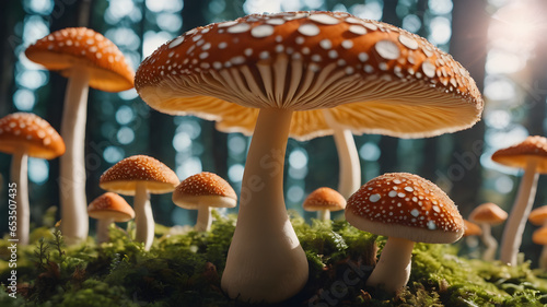 Group of mushrooms growing in a magical forest 