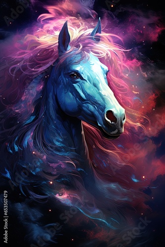 A galaxy Rainbow Colorful Horse posture in the middle of dark space, astral, space 