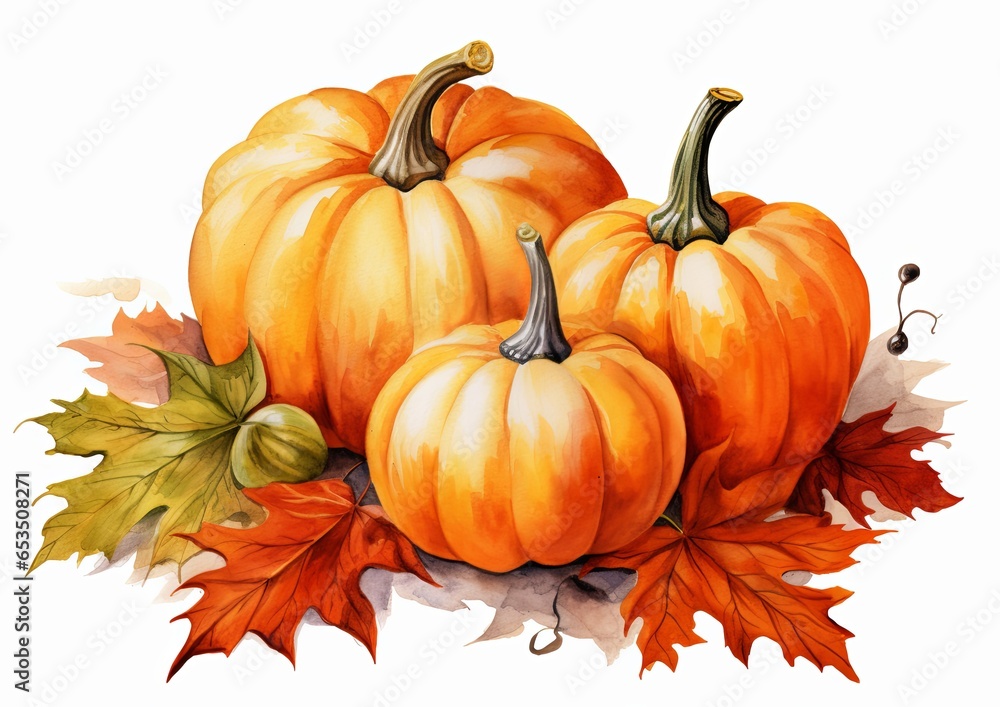 Pumpkins painted in watercolor isolated on a white background with autumn leaves