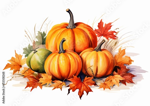 Pumpkins painted in watercolor isolated on a white background with autumn leaves