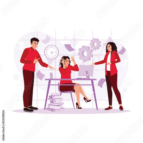 Female office worker feels exhausted and depressed with a lot of messy work. Multitasking concept. Trend Modern vector flat illustration
