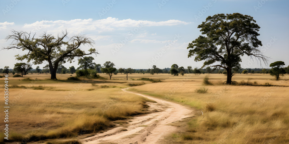 Path in a savanna. Ground view angle. Path in a savanna. Ground view angle.