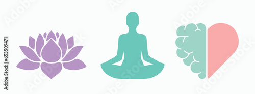 Yoga, lotus, relax, love, peace, wellness. Brain, heart. Wellbeing, mental health, care, healthy. Spa, medicine, treatment, therapy. Collection of icon, vector, illustration.
