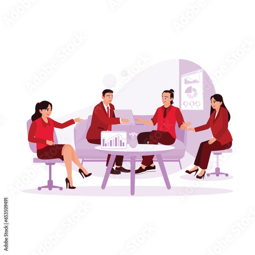 Managers and other workers sit together in a meeting room  checking charts and documents. Accounting concepts. Trend Modern vector flat illustration