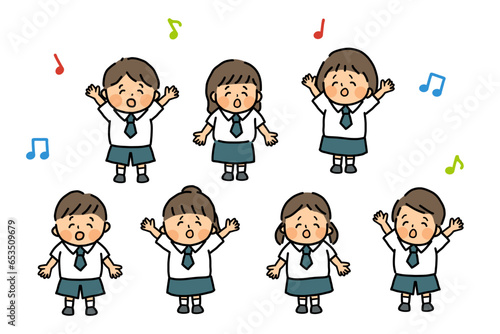 歌を歌うかわいい子ども達のイラストセット