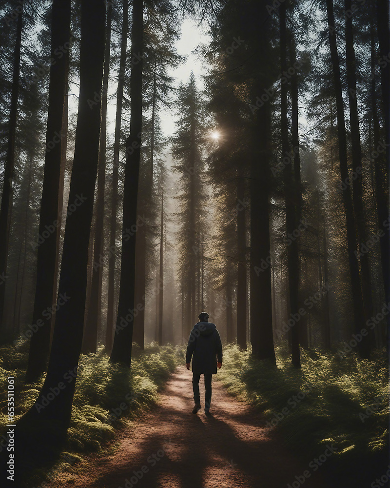 A man walks through a forest with trees and sky A man walks through a forest with trees and sky