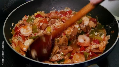 Cooking Chicken, Andouille and Shrimp Jambalaya
