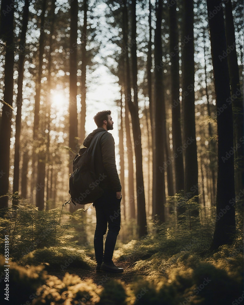 A man walks through a forest with trees and sky A man walks through a forest with trees and sky