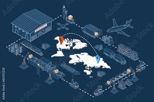 Global logistics concept with Industrial partnership, Autonomous robots, Transport, Export, Import and Industry 4.0. Vector illustration eps10