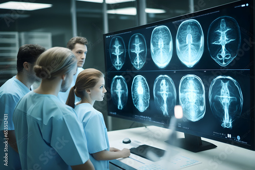 Medical Science Hospital Lab Meeting: Diverse Team of Neurologists, Neuroscientists, Neurosurgeon Consult TV Screen Showing MRI Scan with Brain Images, Talk About Treatment Method photo