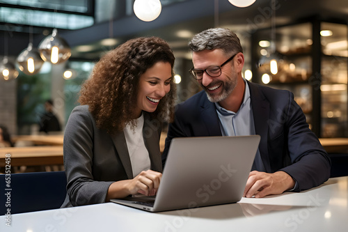 Two businesspeople working on a laptop together. Generated AI. photo