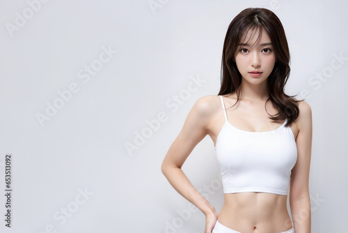 フィットネススタジオで白いスポーツウェアを着てエクササイズ・ヨガのトレーニングをしている日本人女性(美人モデル)