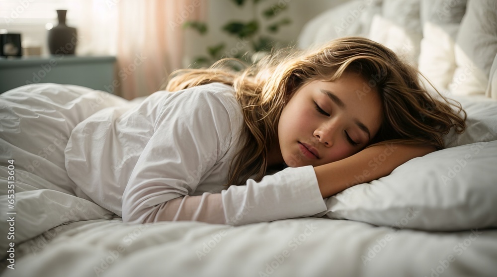 A little girl, sleeping on a white bed A little girl, sleeping on a white bed