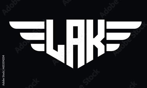 LAK three letter logo, creative wings shape logo design vector template. letter mark, word mark, monogram symbol on black & white.