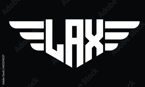 LAX three letter logo, creative wings shape logo design vector template. letter mark, word mark, monogram symbol on black & white.